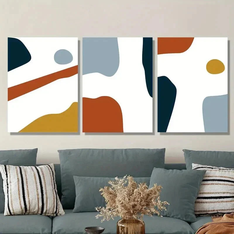 3pcs Burnt Orange &amp; Teal Geometric Shapes Metal Print Ready to Hang Art