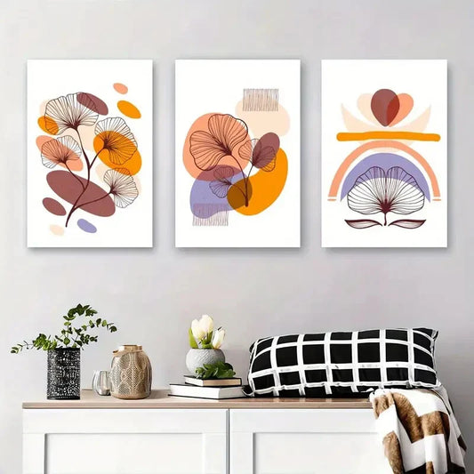3pcs Abstract Orange and Yellow Leaf Metal Print Ready to Hang Art