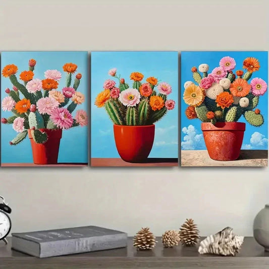 3pcs Vibrant Cactus & Flower Metal Print Ready to Hang Art