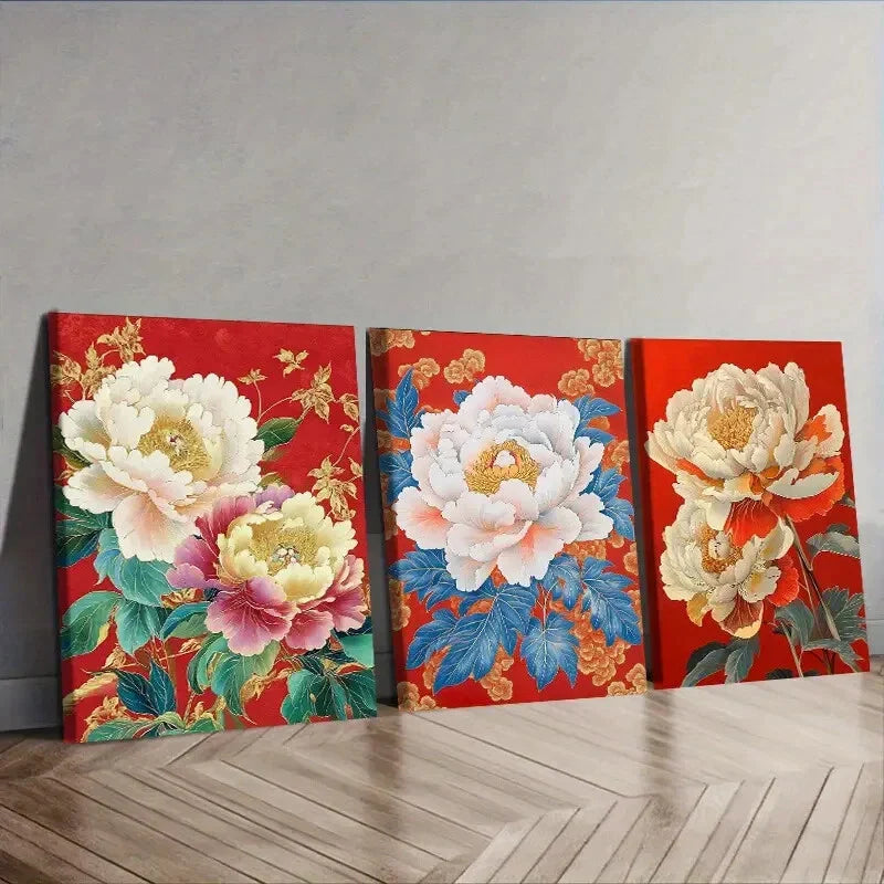 3pcs  Peony flower painting Wall Art Set Canvas Framed 40x60cm - High Quality Print 100% Australian Made Wall Canvas Ready to Hang