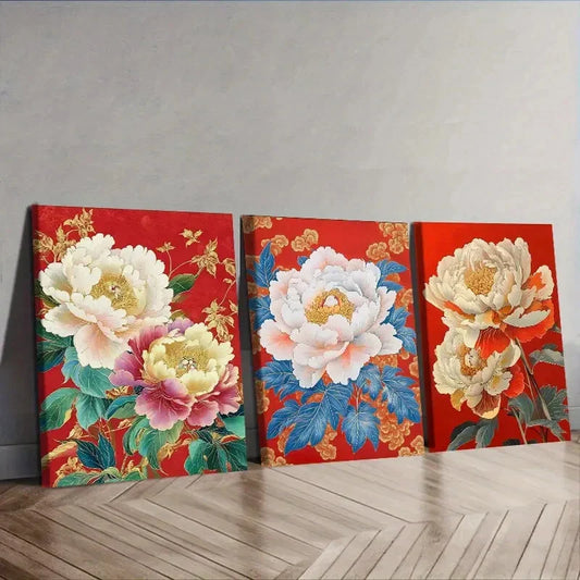 3pcs  Peony flower painting Wall Art Set Canvas Framed 40x60cm - High Quality Print 100% Australian Made Wall Canvas Ready to Hang