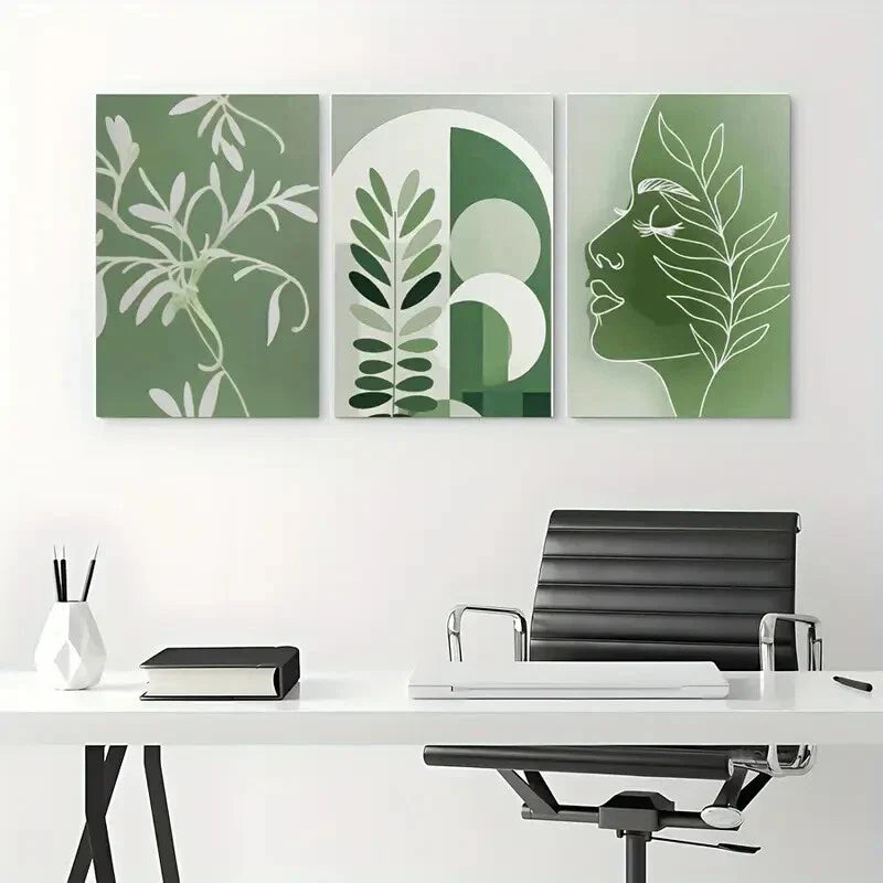 3pcs Abstract Green Leaves & Lady Face White Metal Print Ready to Hang Art