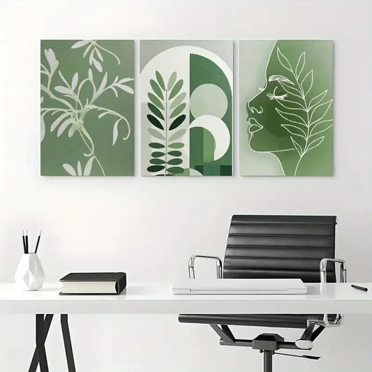 3pcs Abstract Green Leaves & Lady Face White Metal Print Ready to Hang Art
