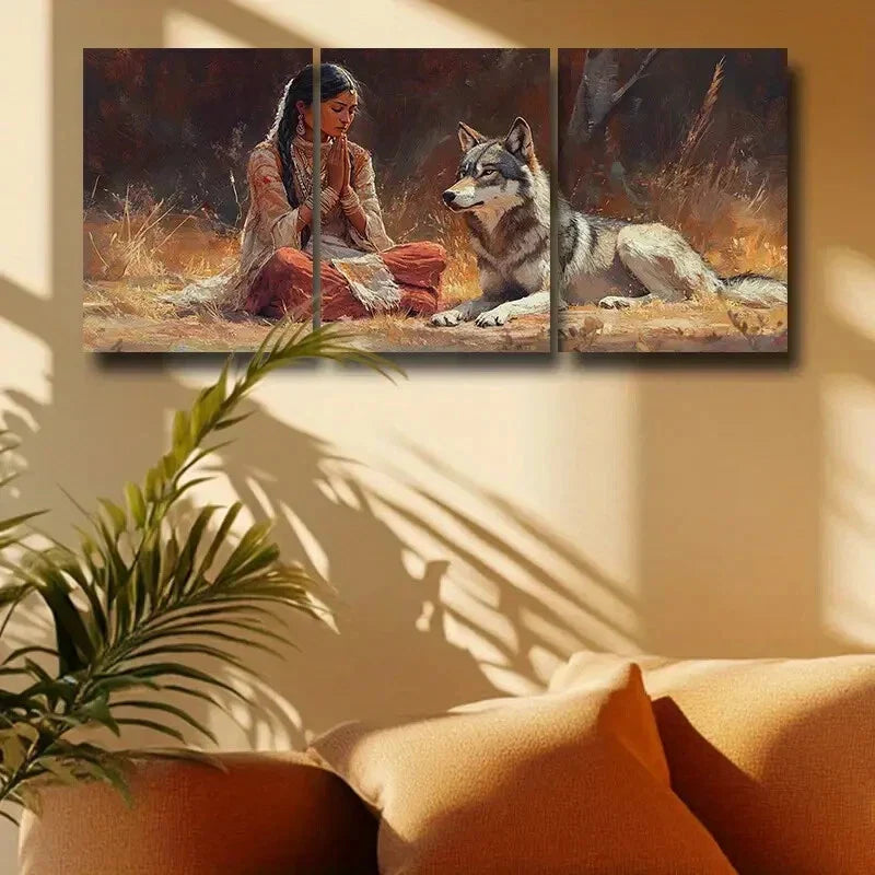 3pcs Mystical Woman & Wolf in Serene Forest Scene Metal Print Ready to Hang Art