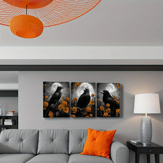 3pcs Gothic Crow & Orange Rose Vibrant Dark Moody Metal Print Ready to Hang Art