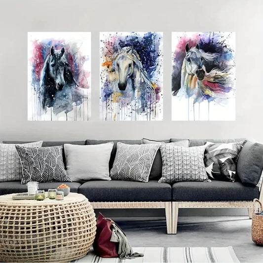 3pcs Abstract Horse with Ink Splatter Metal Print Ready to Hang Art