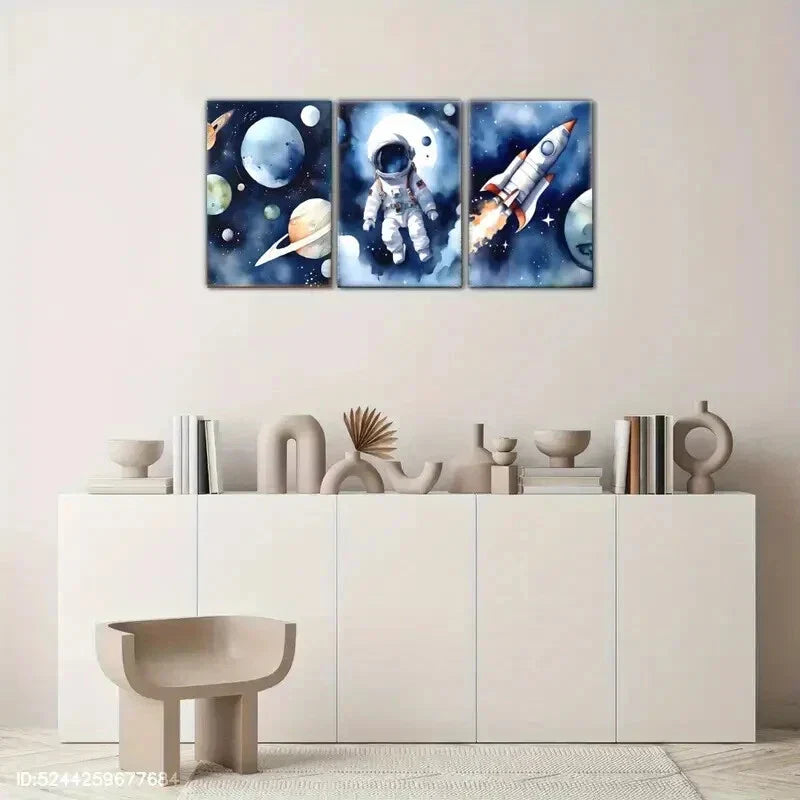 3pcs Tribute Astronaut Rocket Planet Space Metal Print Ready to Hang Art