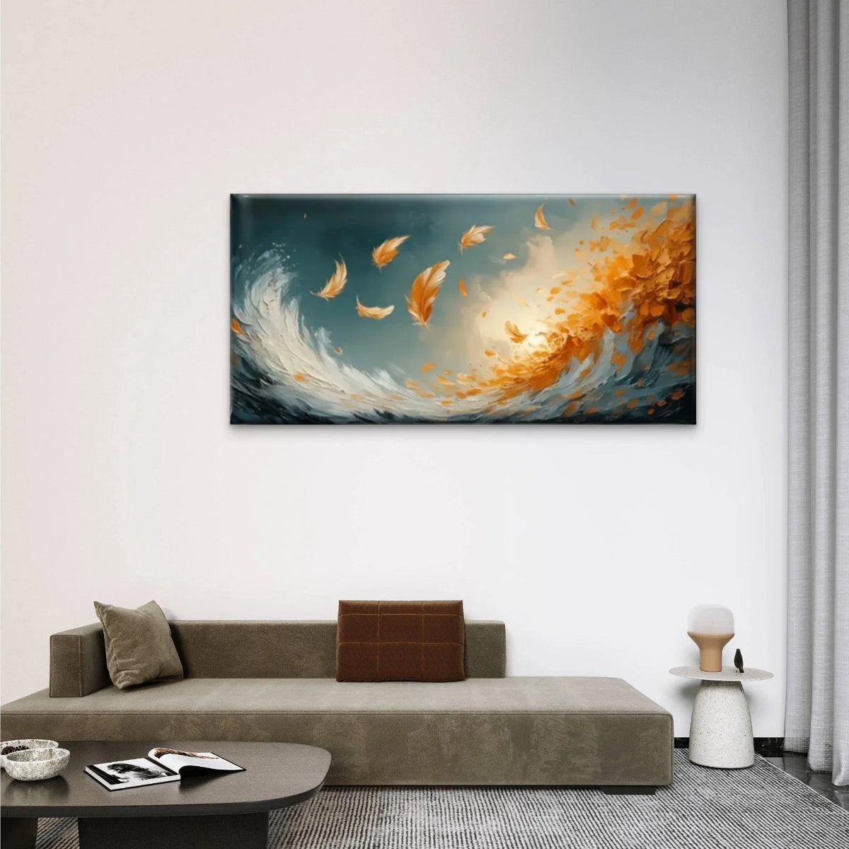Waves Orange Feathers Wall Art Canvas Office Home Room Framed 80x45cm