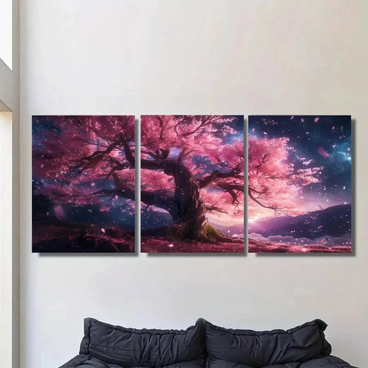 3pcs Cherry Blossom Pink Floral Landscape Metal Print Ready to Hang Art