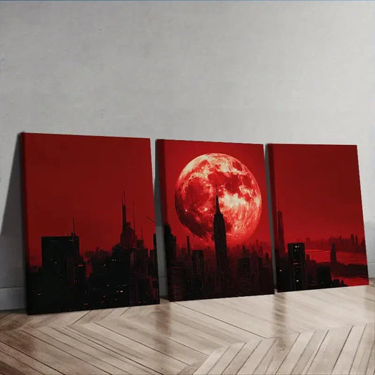 3pcs  Big Red Moon Cityscape  Wall Art Set Canvas Framed 40x60cm - High Quality Print 100% Australian Made Wall Canvas Ready to Hang