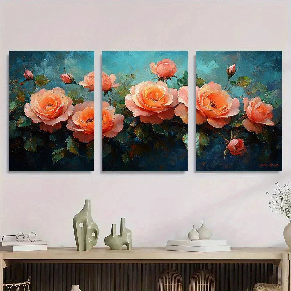 3pcs Vibrant Rose Oil Painting Metal Print Ready to Hang Art