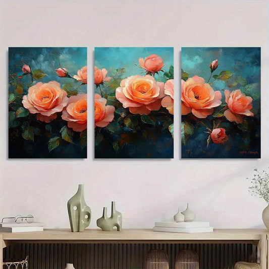 3pcs Vibrant Rose Oil Painting Metal Print Ready to Hang Art
