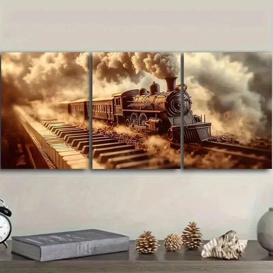 3pcs Steam Train on an Old Piano Wall Art Set Canvas Framed 40x60cm - High Quality Print 100% Australian Made Wall Canvas Ready to Hang
