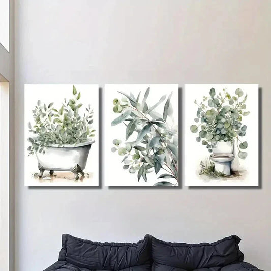 3pcs Botanical Bathroom Watercolor Murals Metal Print Ready to Hang Art