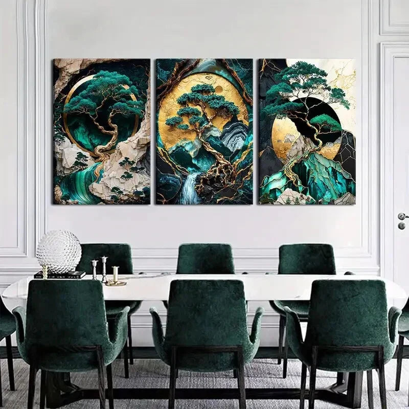 3pcs  green and Golden landscape oil paintings Metal Print Ready to Hang Art