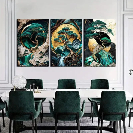 3pcs  green and Golden landscape oil paintings Metal Print Ready to Hang Art