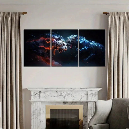3pcs White Tiger Vs. Mechanical Tiger Metal Print Ready to Hang Art