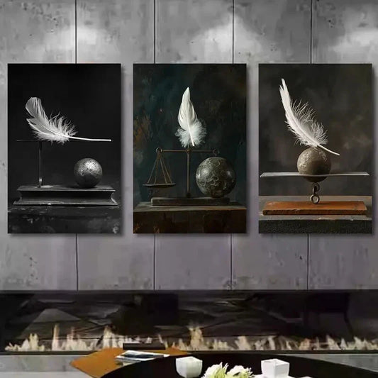 3pcs Abstract Feather and Iron Ball White Wings Metal Print Ready to Hang Art