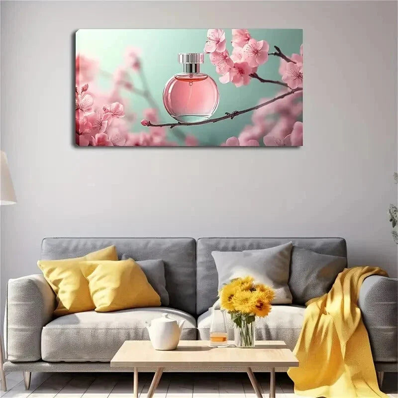 Pink Flower Branch with Perfume Wall Art Canvas Office Home Room Framed 80x45cm