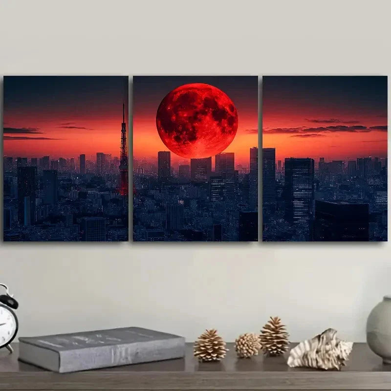 3pcs The moon over the city Wall Art Set Canvas Framed 40x60cm - High Quality Print 100% Australian Made Wall Canvas Ready to Hang