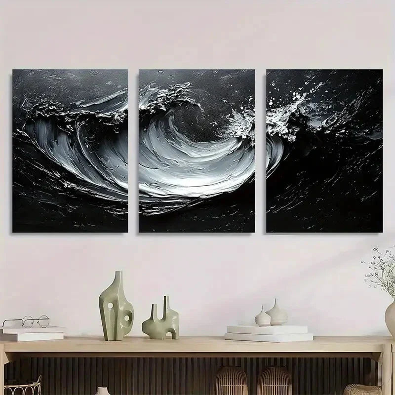 3pcs Abstract Flowing Raindrops Black & White Metal Print Ready to Hang Art