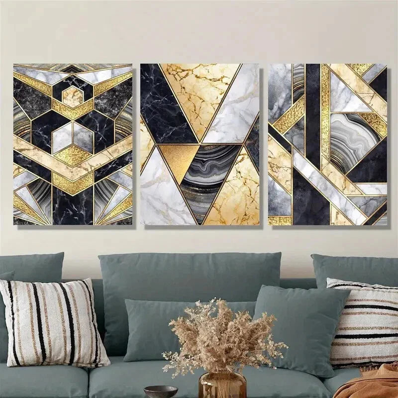 3pcs Marble texture and golden geometric Metal Print Ready to Hang Art