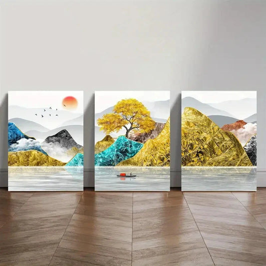 3pcs Golden And Blue Landscape Painting Metal Print Ready to Hang Art