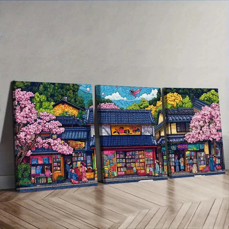 3pcs Vibrant Japanese Comic Book Store Scene Wall Art Set Canvas Framed 40x60cm - High Quality Print 100% Australian Made Wall Canvas Ready to Hang
