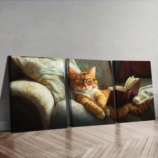 3pcs Classic Modern Cat Reading  Wall Art Set Canvas Framed 40x60cm - High Quality Print 100% Australian Made Wall Canvas Ready to Hang