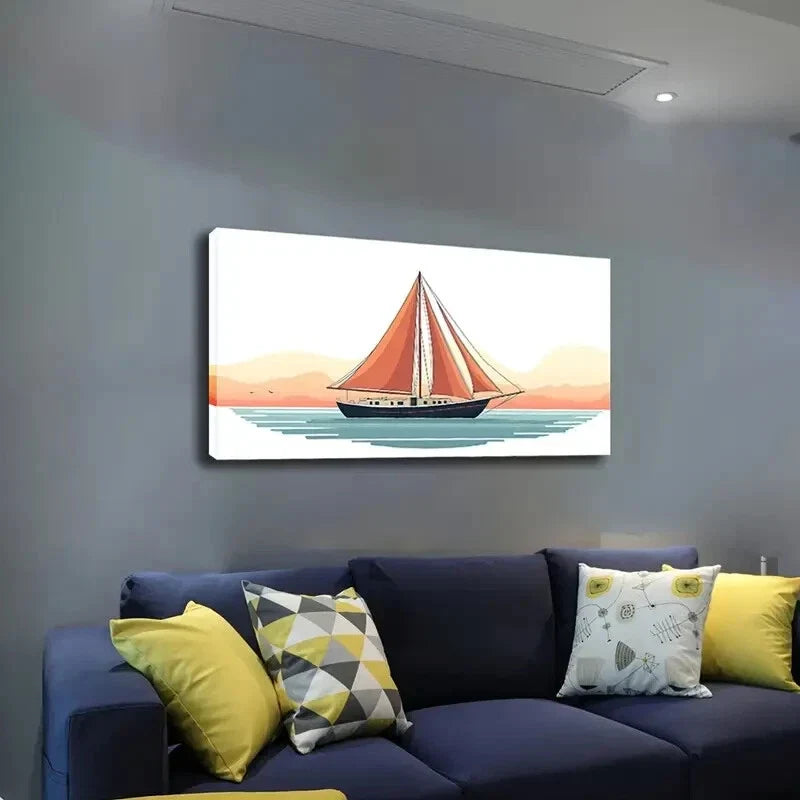 Red Sailboat Sailing Blue-Green Wall Art Canvas Office Home Room Framed 120x60cm