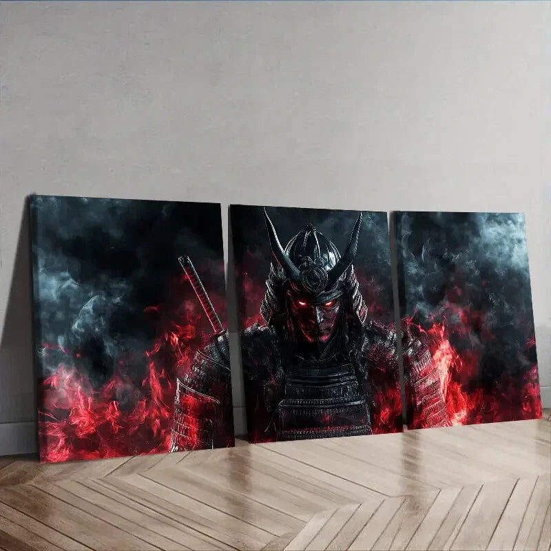 3pcs A crimson warrior with black horns  Wall Art Set Canvas Framed 40x60cm - High Quality Print 100% Australian Made Wall Canvas Ready to Hang