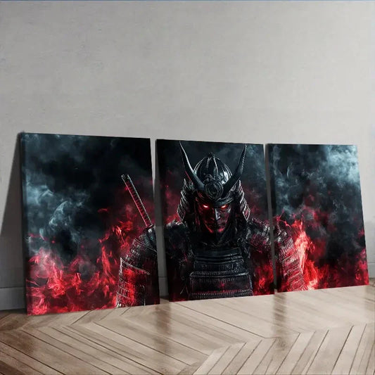 3pcs A crimson warrior with black horns  Wall Art Set Canvas Framed 40x60cm - High Quality Print 100% Australian Made Wall Canvas Ready to Hang