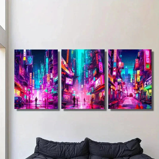 3pcs Cyberpunk city streets under neon lights, Metal Print Ready to Hang Art