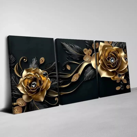 3pcs Classical Golden And Black Flowers  Painting Wall Art Set Canvas Framed 40x60cm - High Quality Print 100% Australian Made Wall Canvas Ready to Hang
