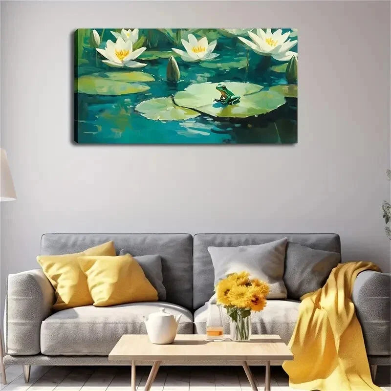 Serene Lily Pad with Green Frog Wall Art Canvas Office Home Room Framed 120x60cm