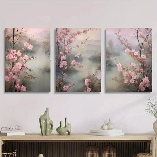 3pcsElegant pink watercolor landscape in Japanese Metal Print Ready to Hang Art