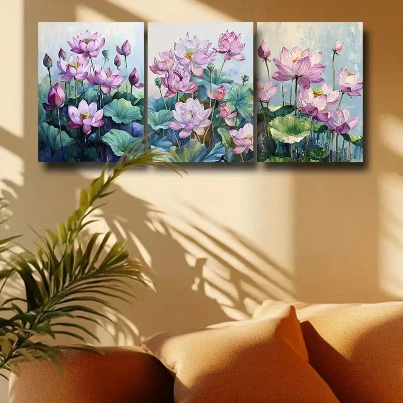 3pcs Pink for Lotus Flowers Design Metal Print Ready to Hang Art