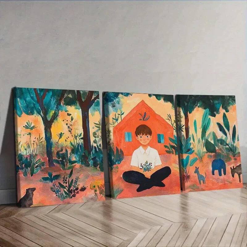 3pcs Vibrant Boy & Wildlife Scenes Wall Art Set Canvas Framed 40x60cm - High Quality Print 100% Australian Made Wall Canvas Ready to Hang