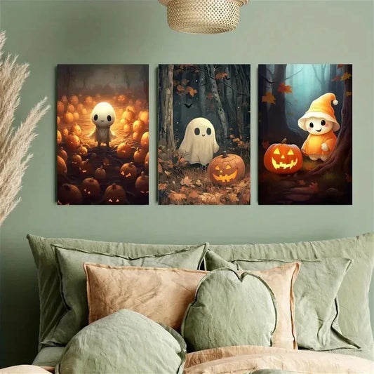 3pcs Kawaii Halloween Ghosts in Pumpkin Field Metal Print Ready to Hang Art