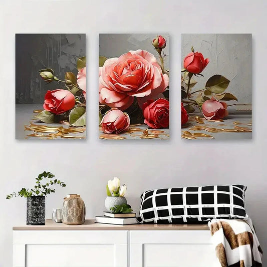 3pcs Red Rose Golden Drip Luxury Metal Print Ready to Hang Art