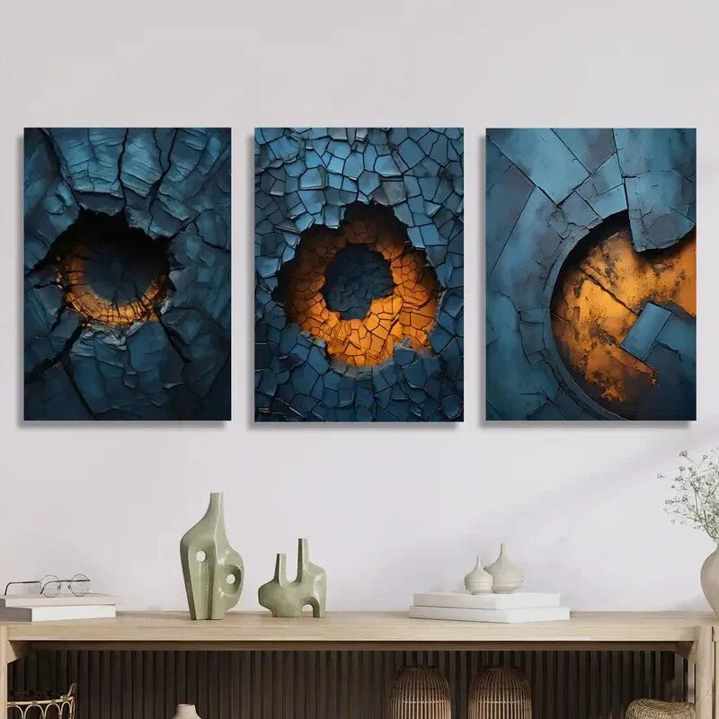 3pcs Abstract Blue Metal Texture Metal Print Ready to Hang Art