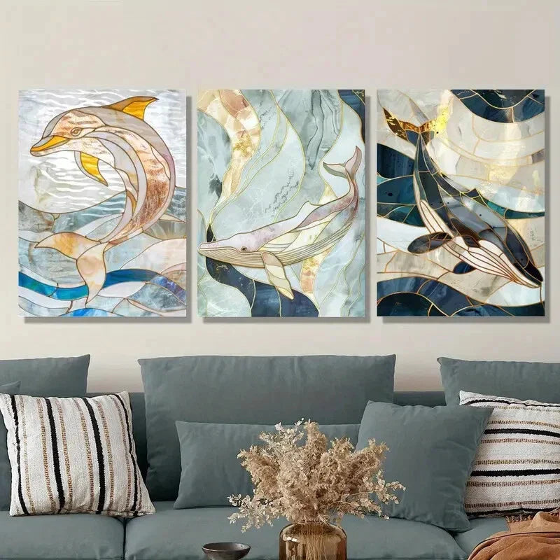 3pcs dolphin stained glass close-up style, Metal Print Ready to Hang Art