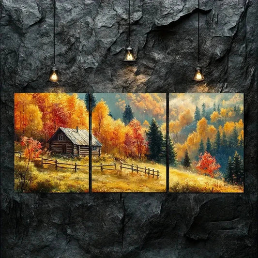 3pcs Autumn Wooden House Nature Beauty Perfect Wall Art Set Canvas Framed 40x60cm - High Quality Print 100% Australian Made Wall Canvas Ready to Hang