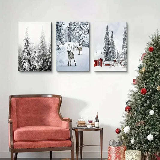 3pcs  Reindeer & Pine Forest Scenes  Metal Print Ready to Hang Art