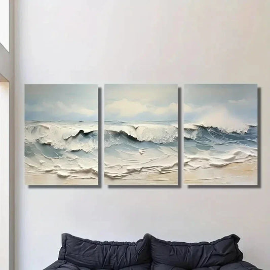 3pcs Abstract Ocean Waves Seascape with Thick Metal Print Ready to Hang Art
