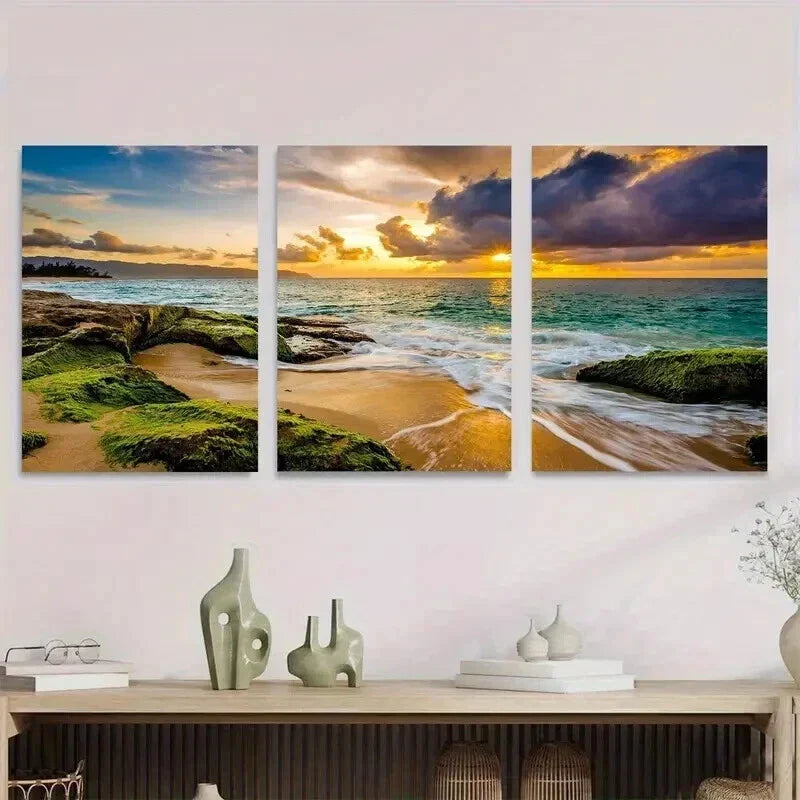 3pcs Vibrant Ocean & Rocks Landscape Sunset Wall Art Set Canvas Framed 40x60cm - High Quality Print 100% Australian Made Wall Canvas Ready to Hang