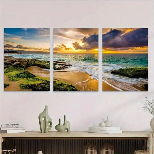 3pcs Vibrant Ocean & Rocks Landscape Sunset Wall Art Set Canvas Framed 40x60cm - High Quality Print 100% Australian Made Wall Canvas Ready to Hang