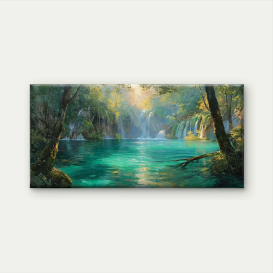 Lake & Sunlit Forest Landscape Wall Art Canvas Office Home Room Framed 80x45cm