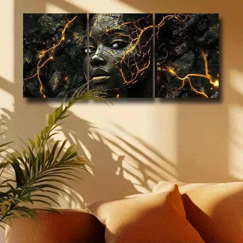 3pcs Split face with Golden Accent Design Metal Print Ready to Hang Art