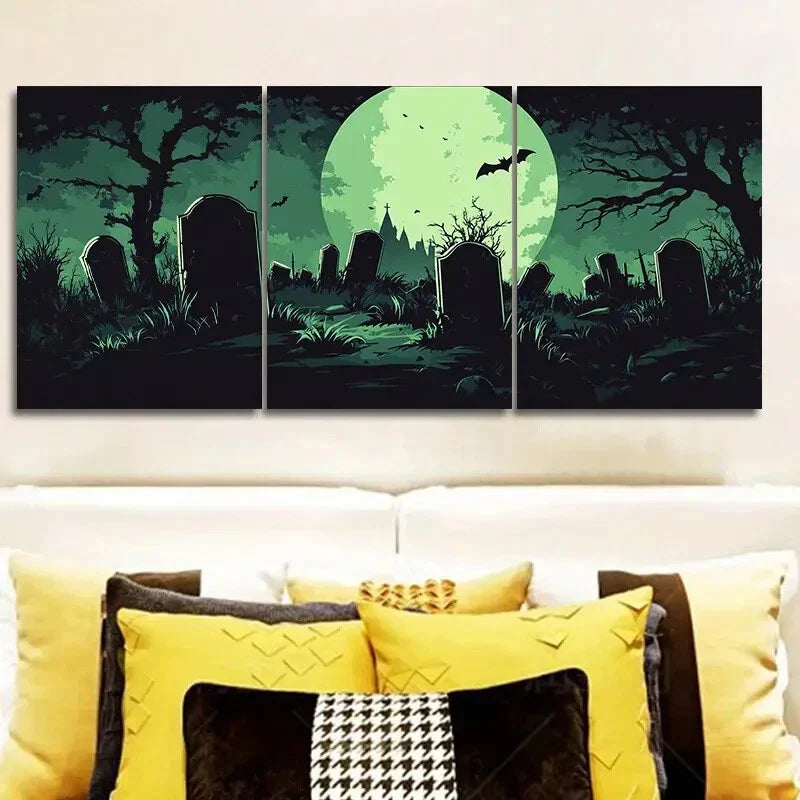 3pcs Eerie Green Moon & Cemetery Design,  Metal Print Ready to Hang Art